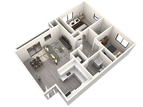 Floor plan for 2 beds, 2 baths, 1048 sqft